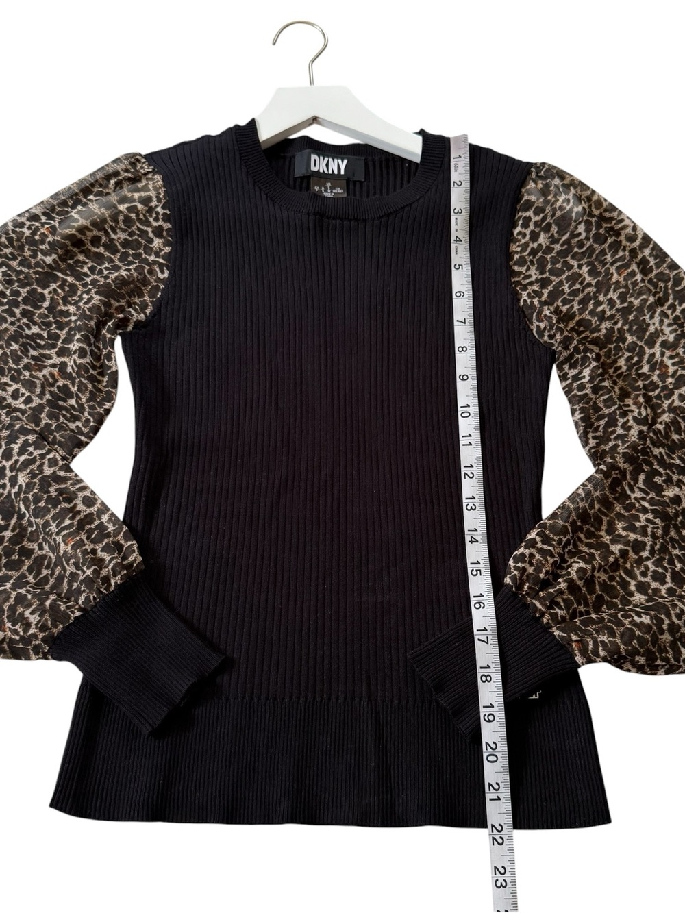 DKNY Women's Sweater Size Small Black Ribbed Sheer Leopard Long Sleeve Top - Picture 9 of 10